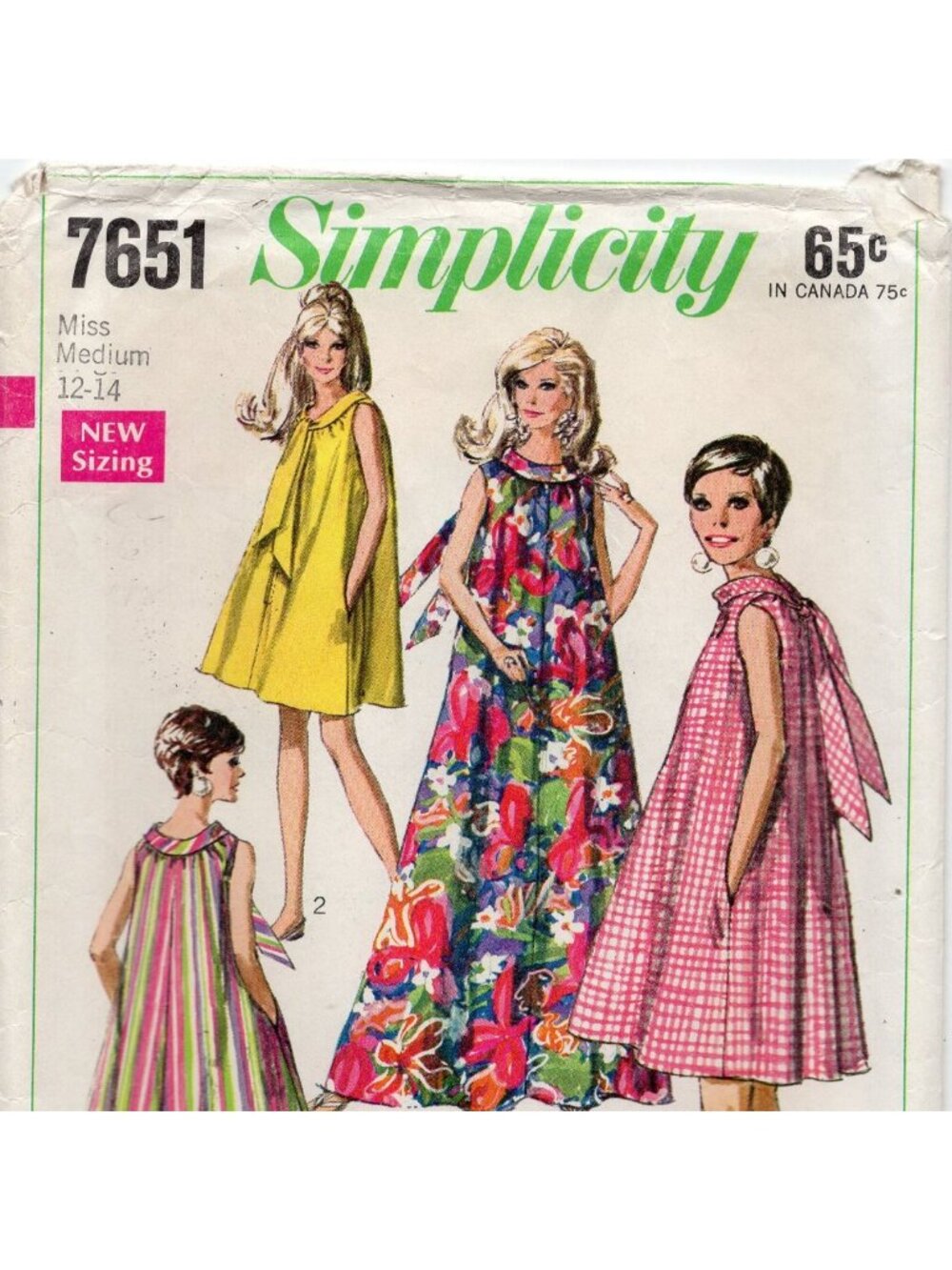 60s Simplicity 7651 Muu Muu Dress Pattern Tie Collar Pockets Sz 12-14 B34-36 CC